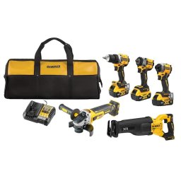 Set 5 scule profesionale pe acumulator DeWALT DCK509P3, 18V XR, masina de gaurit DCD800, masini de insurubat cu impact DCF850 si DCF922, polizor DCG405, fierastrau sabie DCS386, 3x acumulator 5Ah, incarcator rapid, geanta material textil