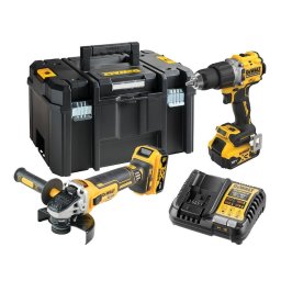 Set 2 scule profesionale pe acumulator DeWALT DCK2026P2T, 18V XR, motor fara perii, masina de gaurit cu percutie DCD805 si polizor unghiular DCG405, 2x acumulator Li-Ion 5 Ah, incarcator rapid, cutie transport TSTAK