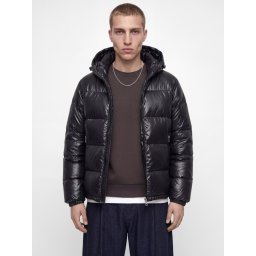 Jack & Jones Geaca barbati, PUFFER, cu gluga fixa reglabila cu snur, Regular fit, SHINY, Negru (SELECTATI MARIMEA: XL)