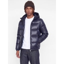 Jack & Jones Geaca barbati, PUFFER, cu gluga fixa reglabila cu snur, Regular fit, SHINY, Bleumarin inchis (SELECTATI MARIMEA: S)