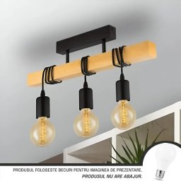 Lustra Timber Trio cu lemn si metal negru, 3xE27, stil industrial pentru interior