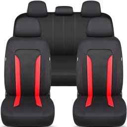 Set huse scaune auto Bremer Sitzbezuge,material textil respirabil,cu fermoare pentru bancheta rabatabila,negru cu rosu,11 piese