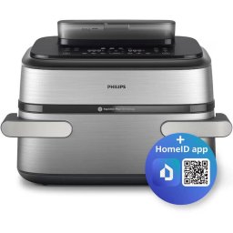 Friteuza Cu Aer Cald Philips NA565/02 Series 5000 Megabasket 2750W 9.5L Trecere 1 la 2 CoÈuri ÃnveliÈ Ceramic Premium Separator DetaÈabil SteamClean Argintiu/Negru