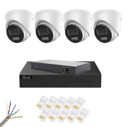 Sistem supraveghere video IP HiLook, 4 camere 6MP pentru curte si casa, Iluminare duala 30m, Microfon si difuzor, Detectie inteligenta persoane si vehicule, Acces de pe telefon