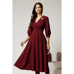 Rochie office din stofa bordo cu bust petrecut si rever