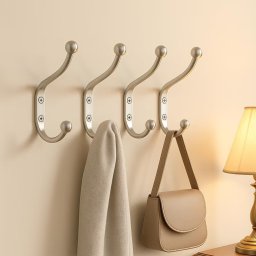 Set 4 carlige metalice de perete, 9,5 cm, aurii, cu montare prin insurubare, pentru haine, prosoape, genti, chei si palarii, pentru baie, hol, dormitor si dulap