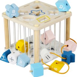 Cub senzorial din lemn cu sorter de forme, numere si snur Montessori