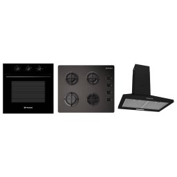 Pachet Incorporabil Pyramis 34P Black Cuptor Electric 65L 8 Functii Clasa A + Plita pe Gaz 4 Arzatoare 60x51CM + Hota Decorativa Latime 60CM Negru