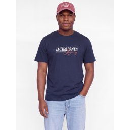 Jack & Jones Plus Tricou barbati big sizes, la baza gatului, din bumbac, cu logo, Relaxed Fit, Albastru inchis (SELECTATI MARIMEA: 7XL)