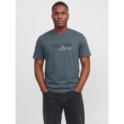 Jack & Jones Plus Tricou barbati big sizes, la baza gatului, din bumbac, cu logo, Relaxed Fit, Gri albastrui (SELECTATI MARIMEA: 8XL)