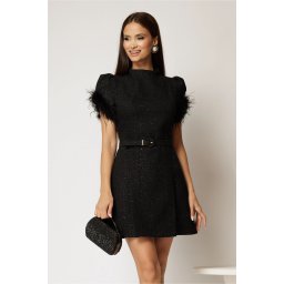 Rochie DY Fashion scurta neagra din tweed cu pene la maneci