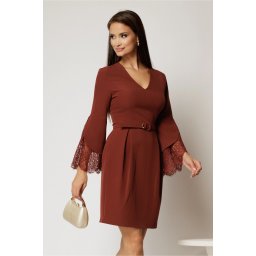 Rochie DY Fashion scurta caramizie cu decolteu in V si dantela la maneci