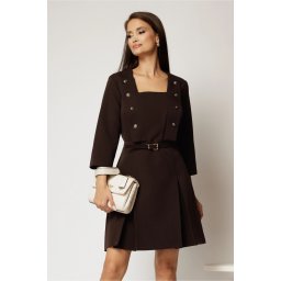 Rochie DY Fashion scurta maro inchis cu decolteu patrat si nasturi