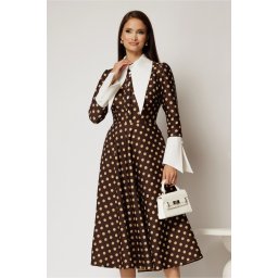 Rochie midi maro cu buline si guler ascutit