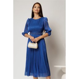 Rochie midi albastra de ocazie din voal peliculizat cu cordon detasabil