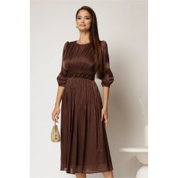 Rochie midi maro de ocazie din voal peliculizat cu cordon detasabil