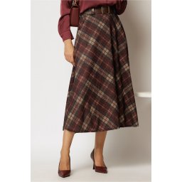 Fusta midi din tricot cu buzunare si carouri bordo