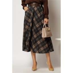 Fusta midi din tricot cu buzunare si carouri bleumarin
