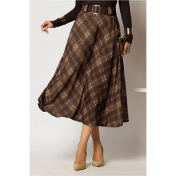 Fusta midi din tricot cu buzunare si carouri maro
