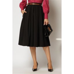 Fusta DY Fashion midi neagra din crep cu pliuri si curea in talie
