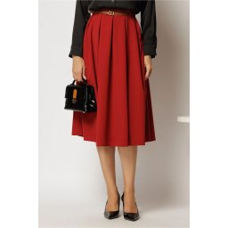 Fusta DY Fashion midi rosie din crep cu pliuri si curea in talie