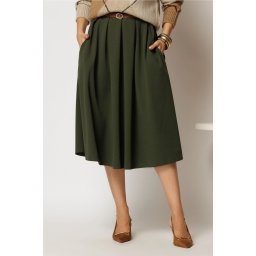 Fusta DY Fashion midi kaki din crep cu pliuri si curea in talie