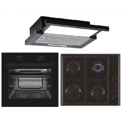 Pachet Studio Casa Trio Mirage Iseo Black Cuptor Incorporabil Electric 56L 6 Functii Clasa A + Plita 4 Arzatoare Gaz + Hota Telescopica 2 Motoare 60CM Negru