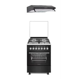 Pachet Studio Casa Aragaz Mixt Bruno 4 Arzatoare Gaz Aprindere Electrica Cuptor Electric Grill Rotisor Ventilatie Clasa A + Hota Clasica Alfa Latime 60CM Negru