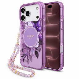Husa Husa pentru iPhone 18 Pro Max / iPhone 17 Pro Max - Guess IML Flowers with Pearl Strap MagSafe (GUHMP18XHFWBRCESU) - Purple