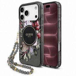 Husa Husa pentru iPhone 18 Pro Max / iPhone 17 Pro Max - Guess IML Flowers with Pearl Strap MagSafe (GUHMP18XHFWBRCESK) - Black