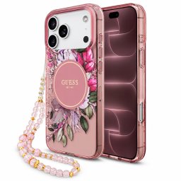 Husa Husa pentru iPhone 18 Pro Max / iPhone 17 Pro Max - Guess IML Flowers with Pearl Strap MagSafe (GUHMP18XHFWBRCESP) - Pink