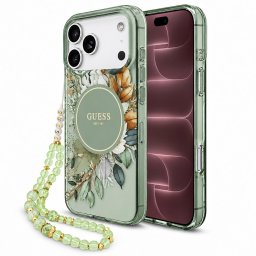 Husa Husa pentru iPhone 18 Pro Max / iPhone 17 Pro Max - Guess IML Flowers with Pearl Strap MagSafe (GUHMP18XHFWBRCESN) - Green