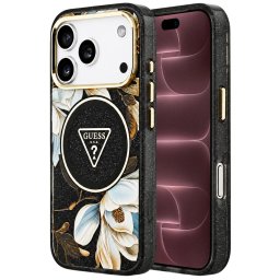 Husa Husa pentru iPhone 18 Pro Max / iPhone 17 Pro Max - Guess IML Metal Glitter Flowers Triangle MagSafe (GUHMP18XHFLPEDK) - Black