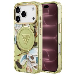 Husa Husa pentru iPhone 18 Pro Max / iPhone 17 Pro Max - Guess IML Metal Glitter Flowers Triangle MagSafe (GUHMP18XHFLPEDN) - Green