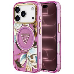 Husa Husa pentru iPhone 18 Pro Max / iPhone 17 Pro Max - Guess IML Metal Glitter Flowers Triangle MagSafe (GUHMP18XHFLPEDU) - Purple