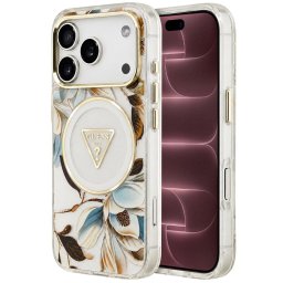 Husa Husa pentru iPhone 18 Pro Max / iPhone 17 Pro Max - Guess IML Metal Glitter Flowers Triangle MagSafe (GUHMP18XHFLPEDH) - White