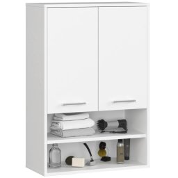 Dulap baie suspendat alb cu 2 usi si rafturi deschise, 64x30x94 cm