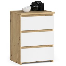 Noptiera cu 3 sertare din PAL laminat, stejar artisan si alb, 40x35x57 cm