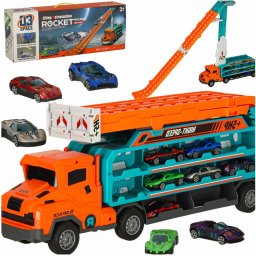 Camion Port-Masini Transformabil in Pista de Curse 2 in 1, Portocaliu cu Albastru, 6 Masinute si Abtibilduri Included, 3 ani+