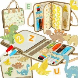 Busy Board Montessori, Carte senzoriala Portabila cu Activitati Educative si Interactive,Dinozauri