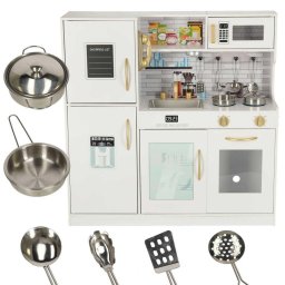 Bucatarie copii, cu Frigider, 80 x 24 x 80 cm, Alb, Design Modern Deluxe, Elemente Detasabile, Suport pentru Multiple Accesorii, Cuptor, Plita