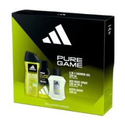 Set 2 x Caseta Cadou Barbati Adidas Pure Game, After Shave Lotiune 100 ml, Deodorant Spray 150 ml, Gel Dus 250 ml