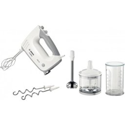 Mixer de mana Bosch MFQ36480, 450 W, 5 viteze + Turbo, Picior pasator inox, tocator, vas gradat, Alb/Gri