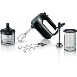 Mixer de mana Bosch MFQ4980B, 850 W, 5 trepte de putere + functie turbo, Chopper, Vas gradat, 2 teluri din otel inoxidabil, 2 spirale din otel inoxidabil, Negru