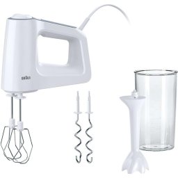 Mixer de mana Braun MultiMix 3 HM3105WH, 500 W, 5 viteze + Turbo, Tehnologie SmartMix, 2 teluri, 2 carlige pentru aluat, pahar gradat 600 ml, picior pasator, Alb
