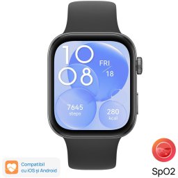 Ceas inteligent Huawei Watch FIT 3, corp negru cu curea din fluoroelastomer, Negru