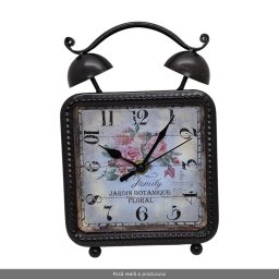 Ceas vintage patrat din metal cu clopotei si cadran floral, 21 cm