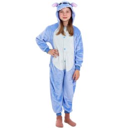 Pijama salopeta Stitch tip combinezon,marimea S,cu gluga fixa decorata cu urechi,ochi si dinti,coada decorativa,inchidere frontala cu nasturi si