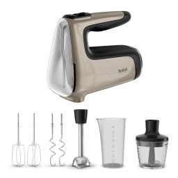Mixer de Mana Tefal Powermix Silence 4 in 1 HT663AF0 Functie Turbo Maner Ergonomic 2 Teluri Inox 2 Carlige pentru Aluat Picior Pasator Tocator Pahar Gradat 850W Crem/Negru