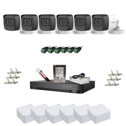 Sistem supraveghere video analog, Hikvision Turbo HD 6 camere 5MP pentru locuinte si spatii comerciale, IR 25m, Microfon incorporat, Detectie inteligenta AcuSense, DVR 8 canale, HDD 1TB, Accesorii montaj, Vizualizare de pe telefon